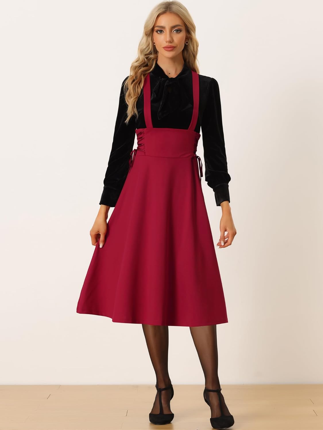 Allegra K Vintage Overall Skirts for Women's High Waisted Lace Up Flared Midi Suspender Skirt