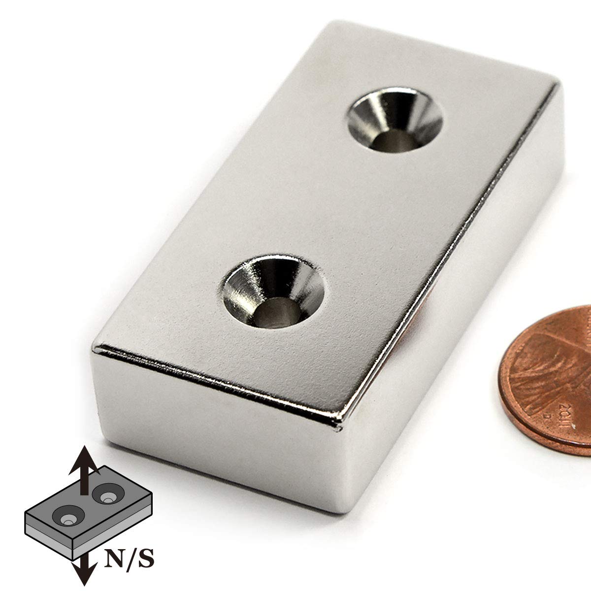 CMS MAGNETICS - (1-Piece) Neodymium Bar Magnet 2 Inches x 1 Inch x 1/2 Inch with Dual #8 Countersunk Holes Rare Earth NdFeB