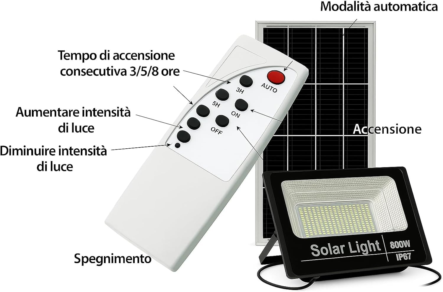Faro a LED 800W con Pannello Solare IP66, Sensore Crepuscolare e Telecomando | SMD Ultra Luminoso da Esterno | [Classe di efficienza energetica A+++]