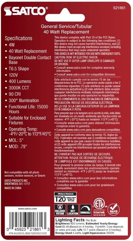 Satco 21861-4T6.5/LED/CL/930/120V/DC/1CD Tubular (S21861) Double Contact Bayonet Base Exit Light Bulb
