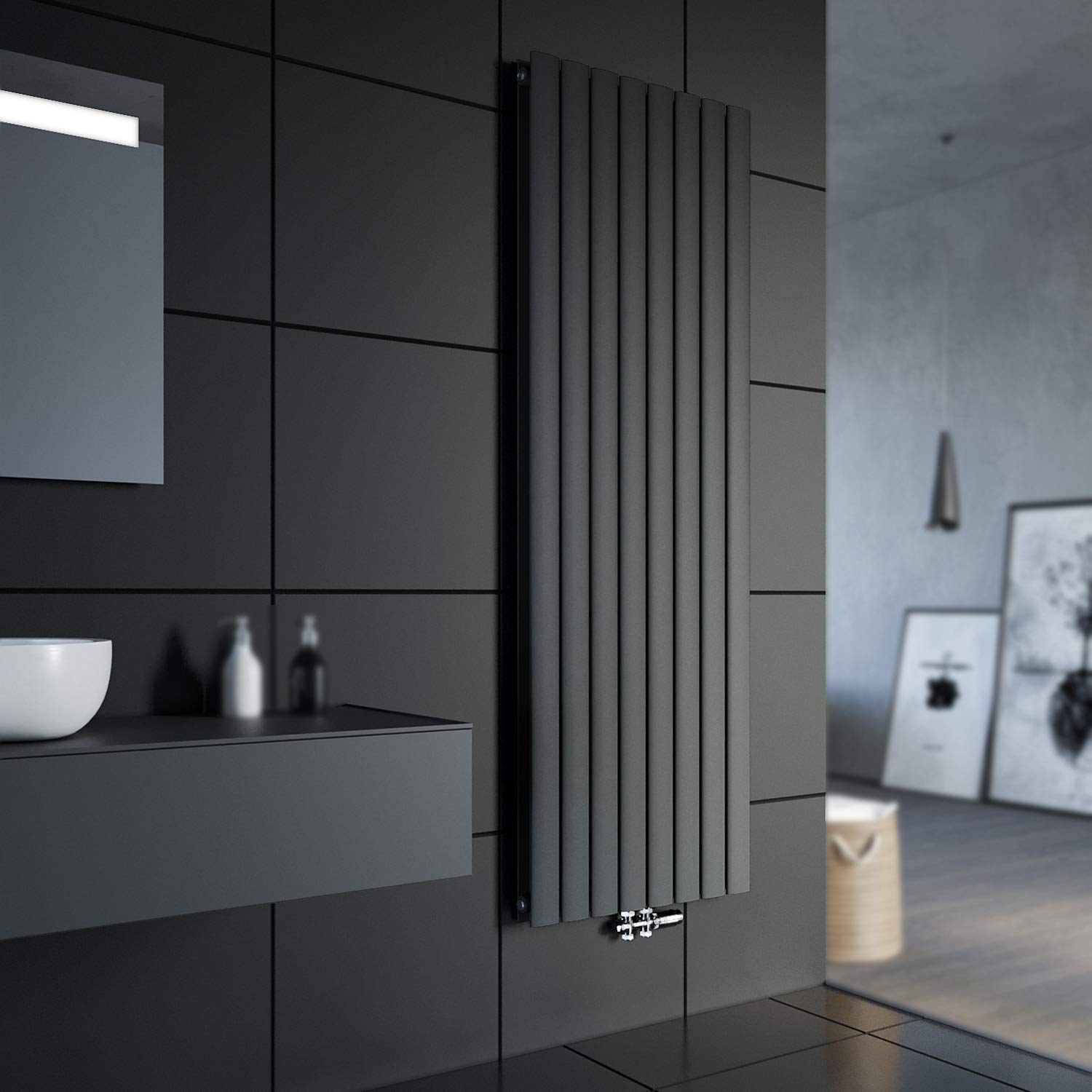 SONNI Grzejnik panelowy, pionowy, grzejnik płaski, antracyt, dwuwarstwowy, 1800 x 616 mm, grzejnik z białym blokiem kranu, grzejnik z termostatem