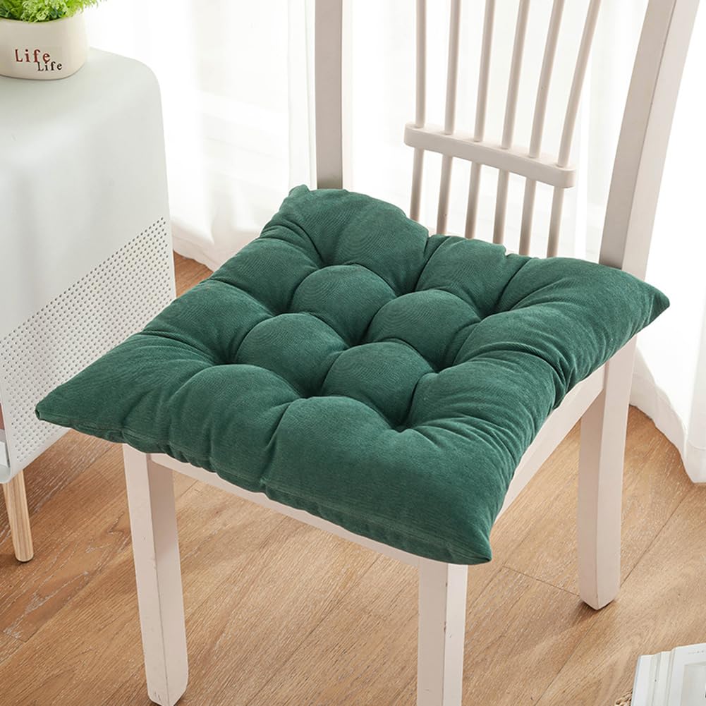 kuyouqi Corduroy Seat Pad for Dining Chair, Square Thick Seat Cushion Soft Warm Furniture Cushion with Ties for Home Office Garden (45 x 45 x 7 cm, Blackish Green)
