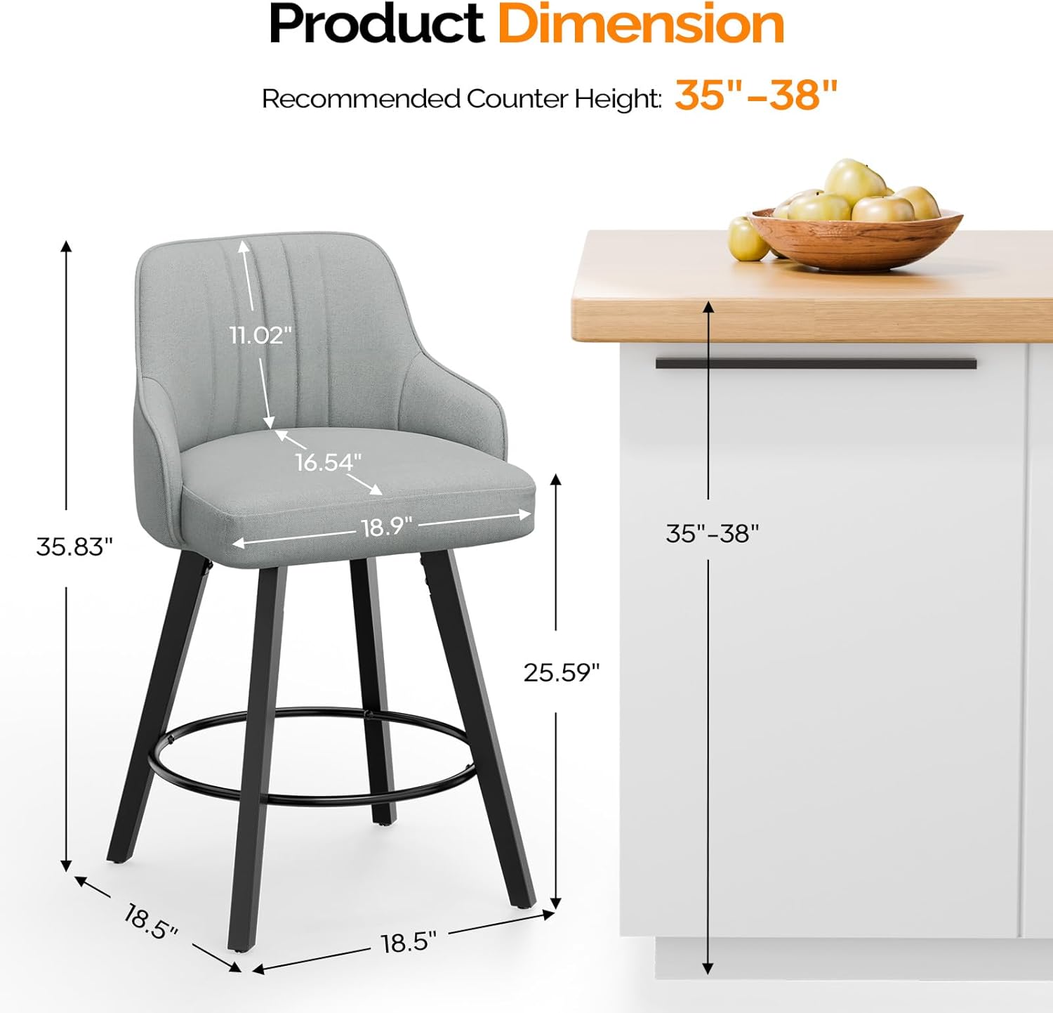 VINGLI 26" H Swivel Barstools Set of 1, Linen Fabric Upholstered Counter Stool with Back, Kitchen High Chairs Counter Height Bar stools with Cushion, Solid Wood Legs, Grey