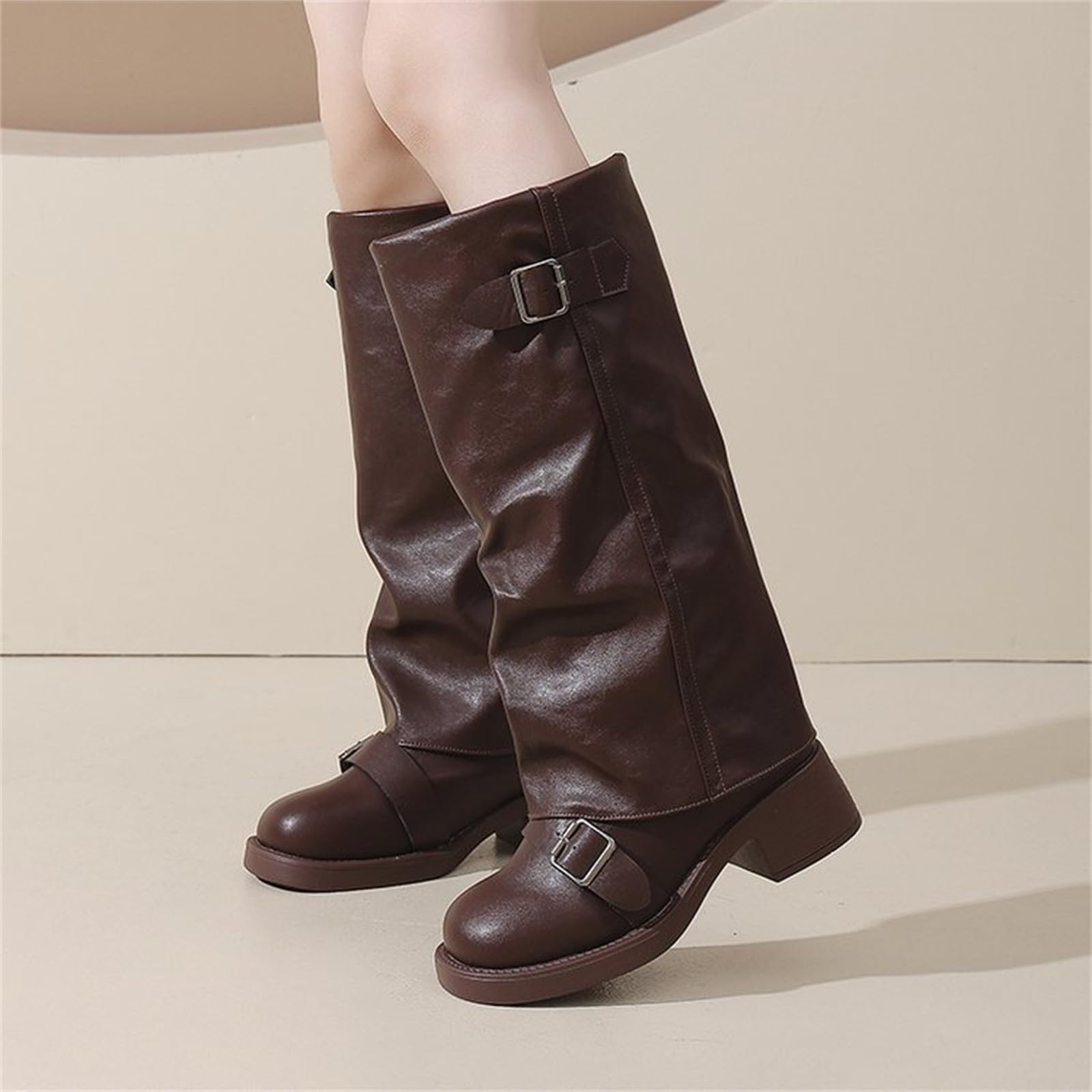 Bottines Femme Cuir Talon Carré Bottine Décontracté Mollets Larges