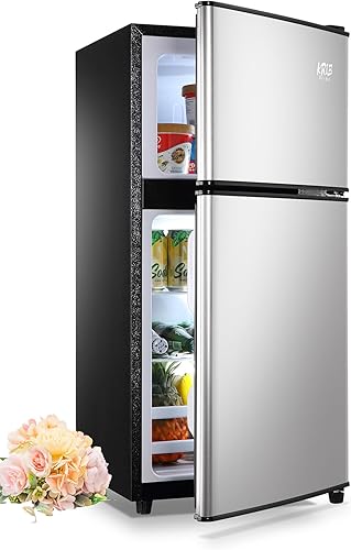 Mini refrigerador de 3.5 pies cúbicos, refrigerador pequeño con termostato ajustable de 7 niveles, estantes extraíbles con acero inoxidable de 2