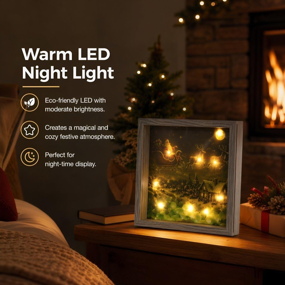 TOPBATHY Leuchtender Weihnachtsmann LED Leuchtschattenbox mit Holzrahmen | Kristallglas Front, Einfaches Austauschen von Bildern, für Wohnzimmer und Innenräume, als Festliche Weihnachtsdeko