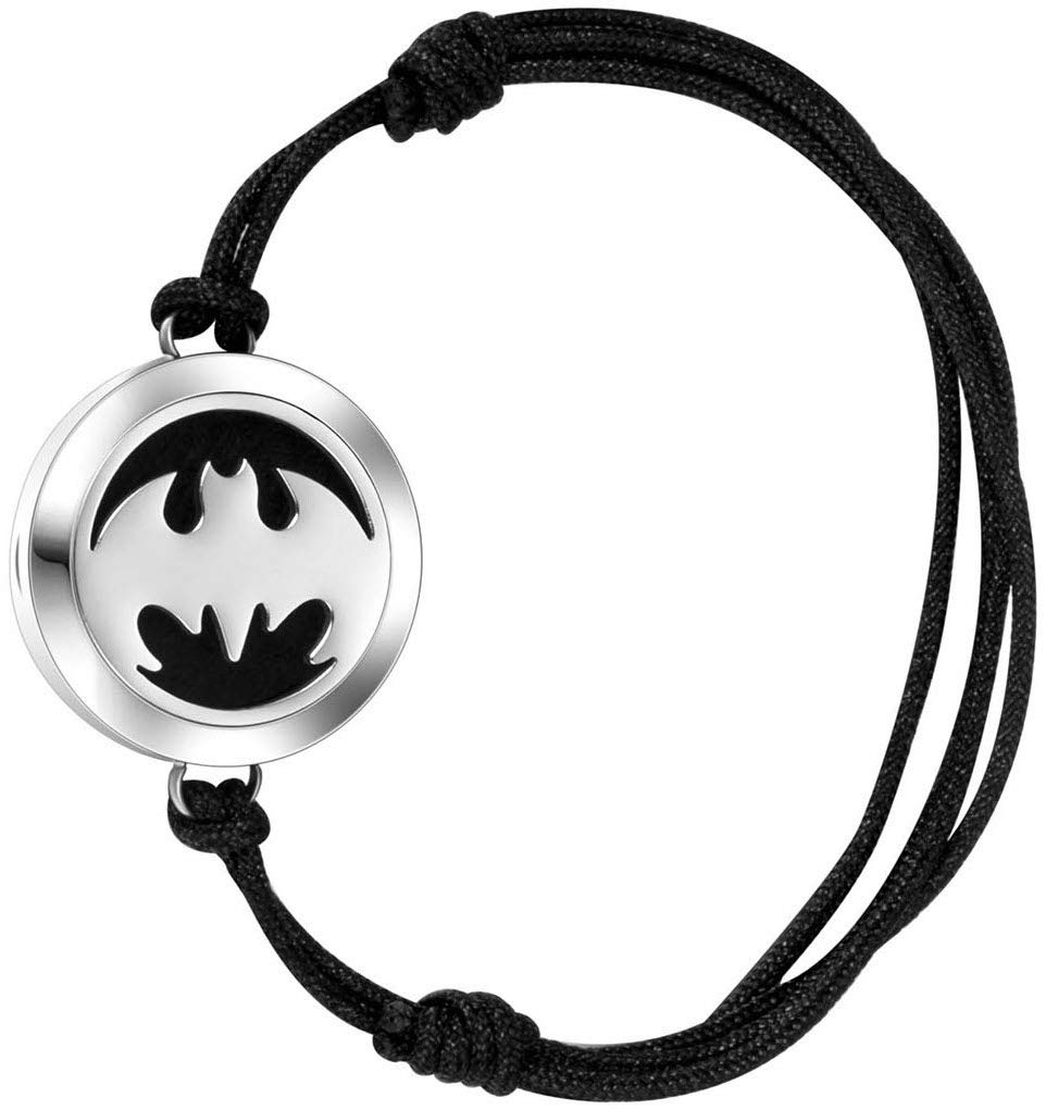mEssentials Wild Chrome Bat Oil Diffuser Bracelet, Stainless Steel Aromatherapy Locket, Adjustable Nylon Band with 12 Color Pads, Jewelry Gift Set
