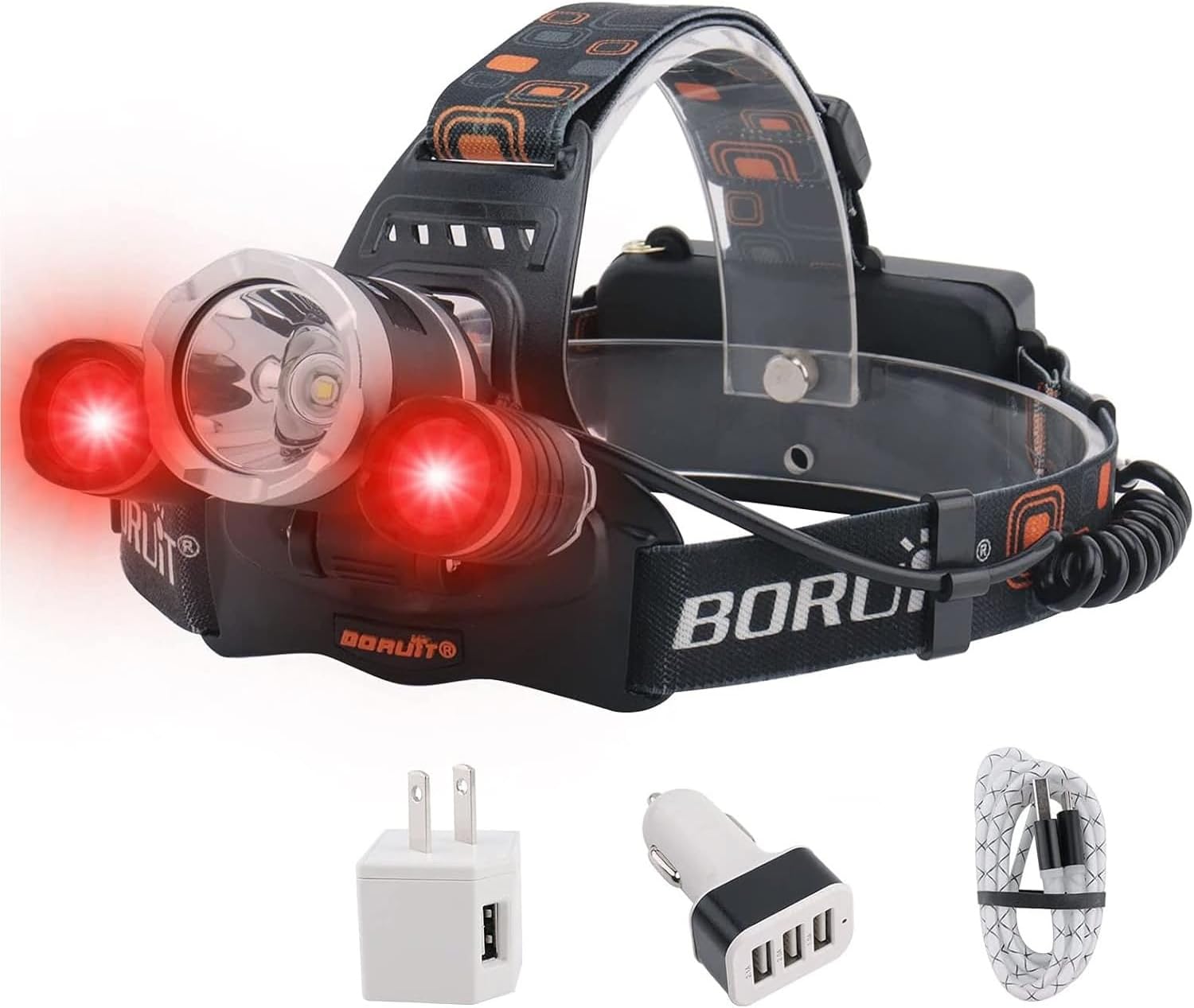 BORUIT RJ-3000 Headlamp with Red Light, 3 Modes Super Bright LED Head Lamps, USB C Rechargeabe, IPX4 Waterproof Headlight for Adults Hunting Fishing Camping