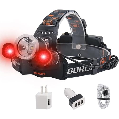 BORUIT RJ-3000 Headlamp with Red Light, 3 Modes Super Bright LED Head Lamps, USB C Rechargeabe, IPX4 Waterproof Headlight for Adults Hunting Fishing Camping