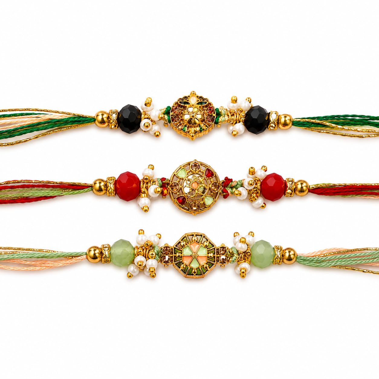 the purple tree Auspicious Rakhi Set of 3 for Brother, Premium Designer Handmade Rakhis Combo, Traditional Pearl & Crystal Beaded Rakhi For Bhai, Fancy Rakshabandhan Gift for Bhai-picture-17