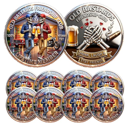 Old Friends Forever Club Coin Old Bastards Friendship Club Challenge Coin Drink Laugh & Stay Friends Skeleton Beer Brotherhood Commemorative Vintage Collectible Gift for Friends (10pcs)