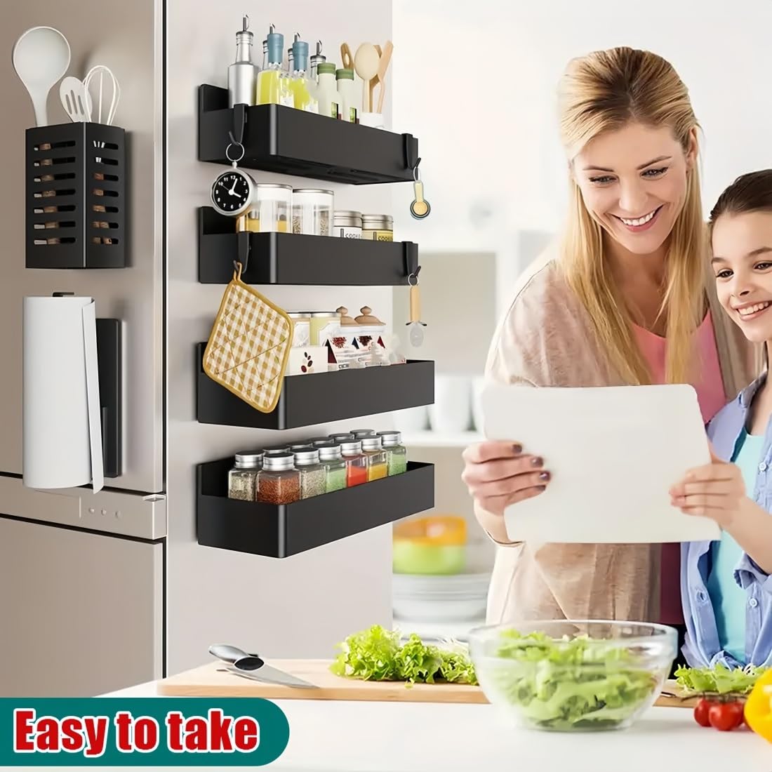 Starkes Magnetisches Kühlschrank-Regal zur Küchenorganisation | Kühlschrank Organizer mit 3kg Tragkraft, für Kühlschränke, Mikrowellen & Waschmaschinen(Rot,2*(S+L))