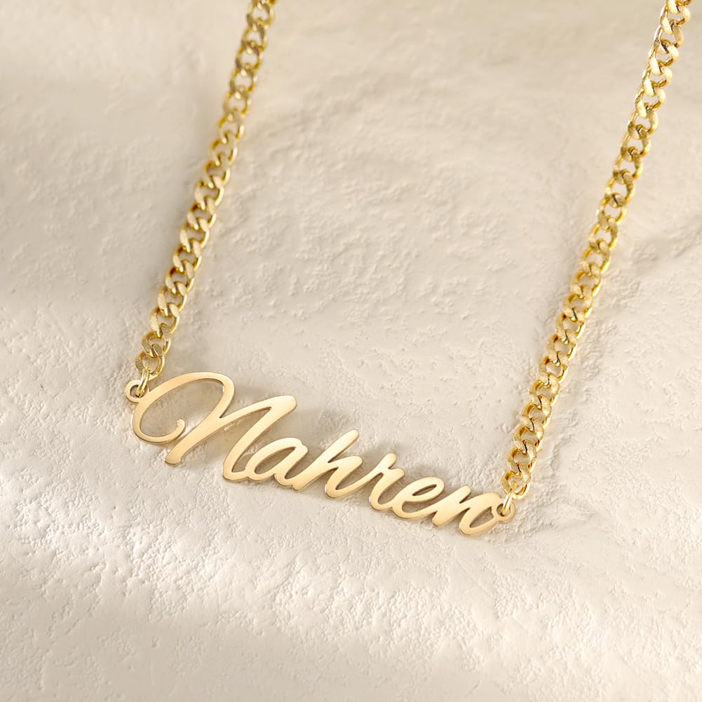 TinyName Custom Name Necklace Personalized 18K Plated Nameplate Customized Jewelry Gift for Women: Horizontal Name Necklace-Curb Chain