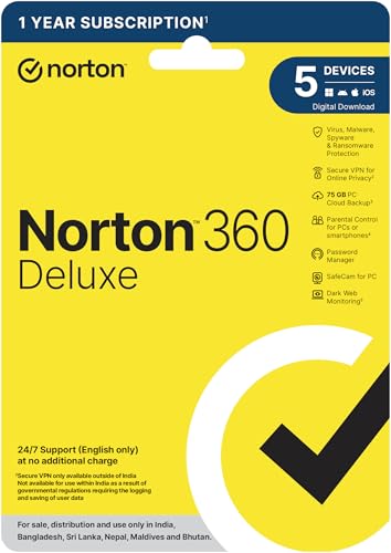 Image of Norton 360 Deluxe |5 Users 1 Year|Total Security for PC, Mac, Android or iOS| Additionally Includes Dark Web Monitoring, Password Manager, PC Cloud Back Up, SafeCam for PC|Email Delivery in 2 Hrs