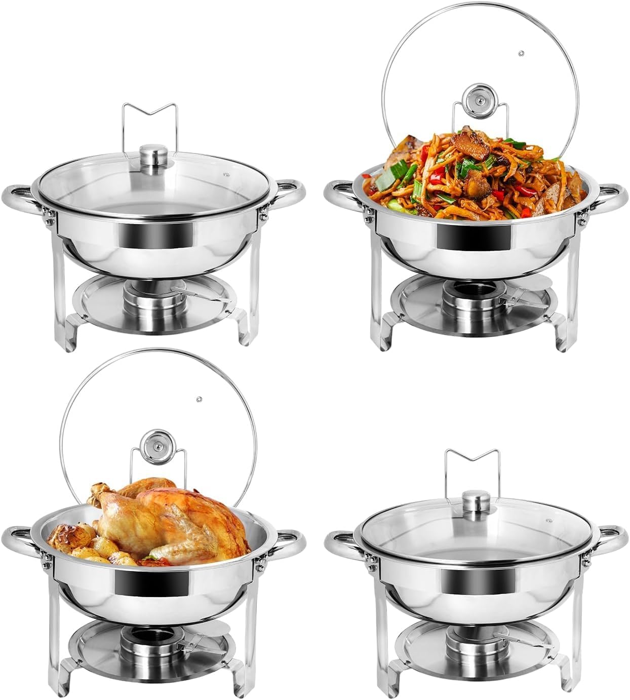 Set di scaldavivande da 5,5 l, 4 pezzi rotondi per catering, con coperchio in vetro, scaldavivande in acciaio inox, per acqua e cibo