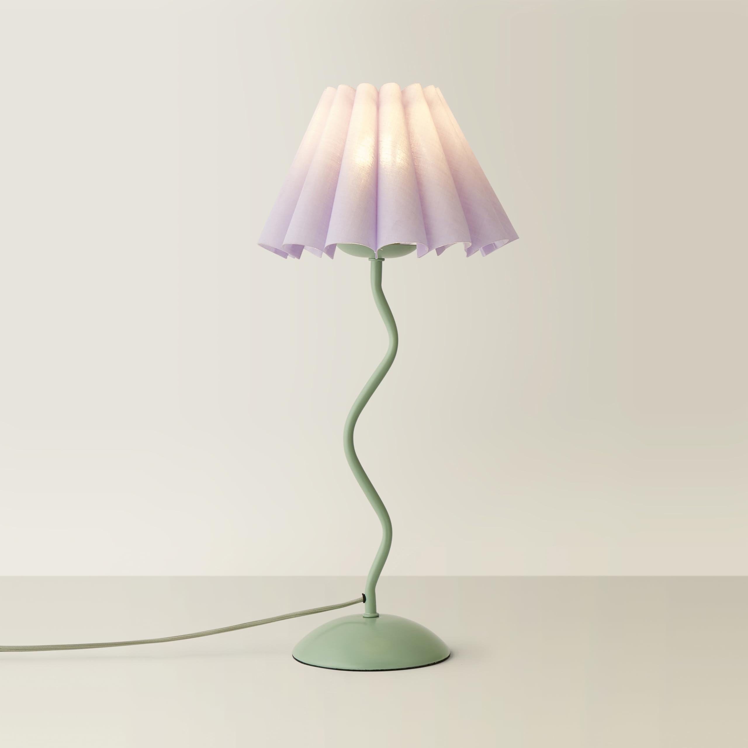 Moss Green Metal Table Lamp - Lilac Pleated Scallop Shade - Wiggle Design - ValueLights