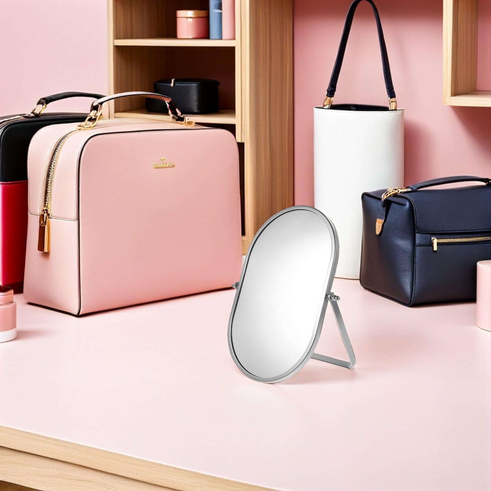 Espejo de Maquillaje Plegable de Escritorio Plateado Grande, Espejo Portátil para Tocador y Dormitorio Base Estable y Ángulo Ajustable, Adecuado para Viaje y Cuidado Personal