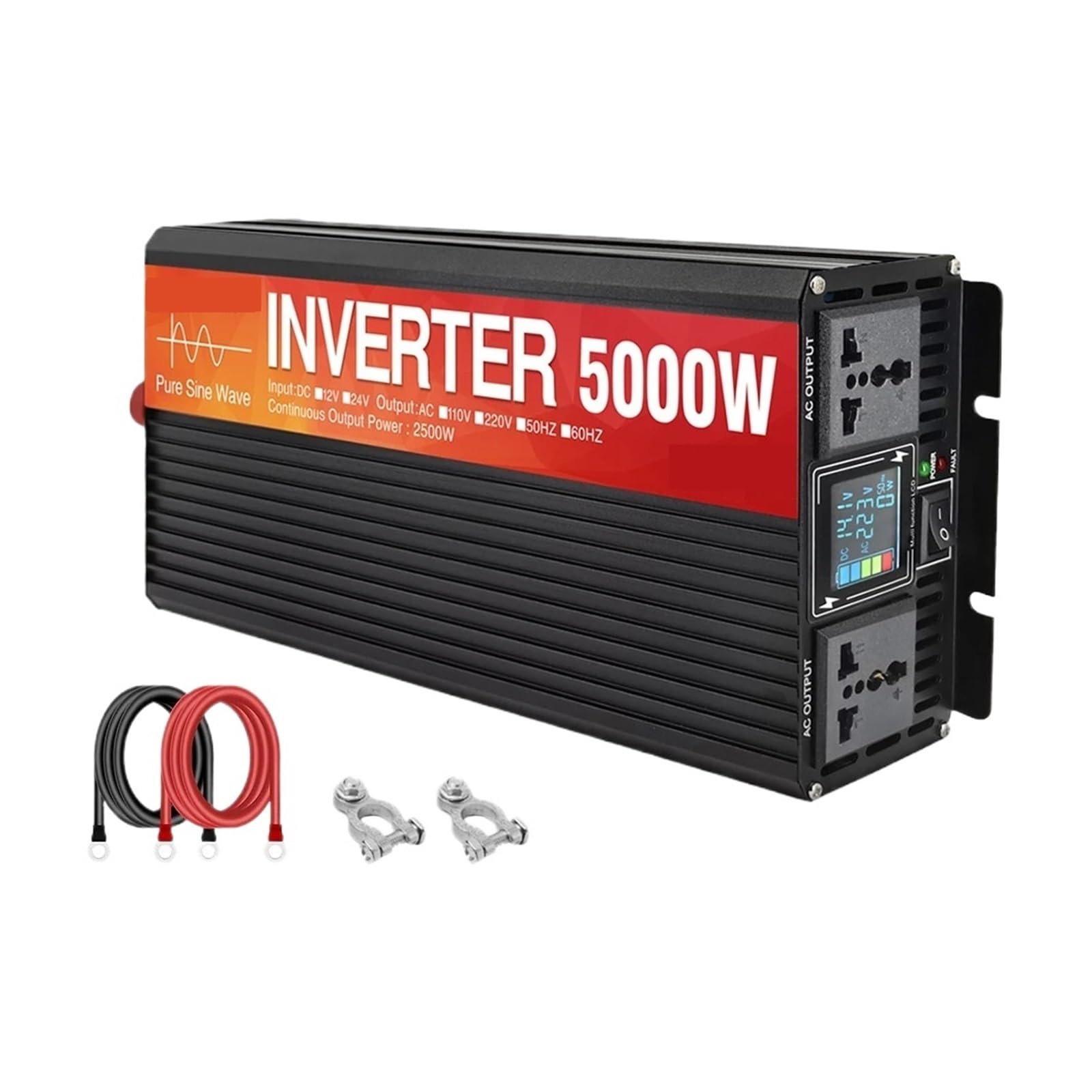 Onduleur pur sinus 12V 3000W avec écran LCD et 2 sorties AC pour voiture et panneau solaire