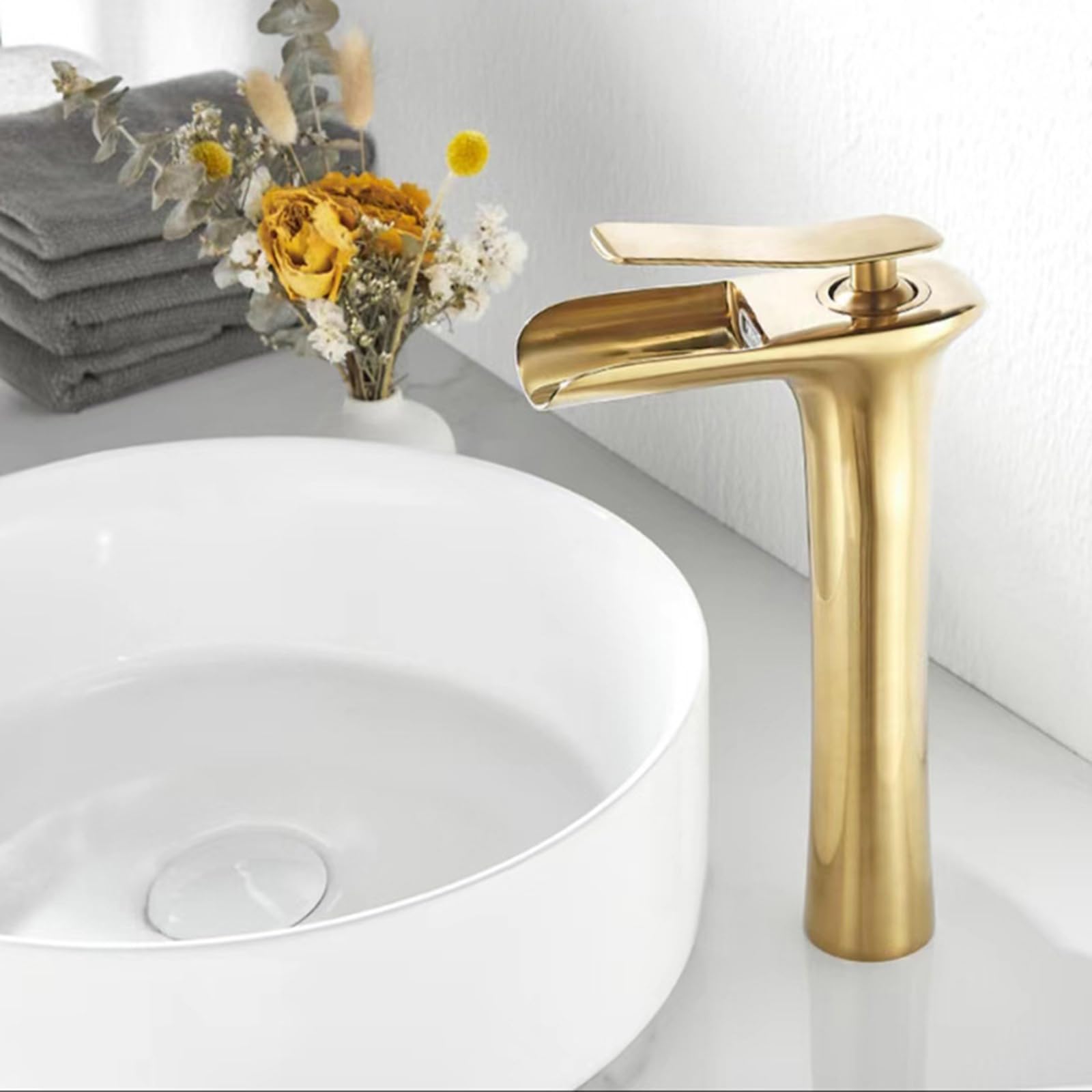 HCFYAUIS Waterfall Basin Mixer Tap Hot and Cold Single Lever Waterfall Taps for Bathroom Laundry,Gold