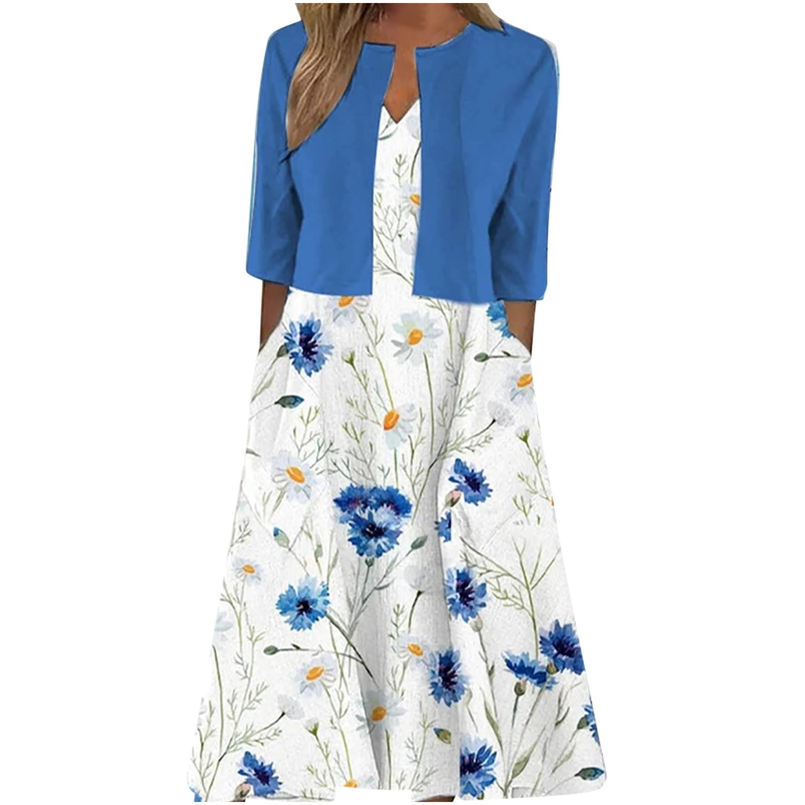 Keepink Zweiteiliges Kleid für Damen, bedruckt, V-Ausschnitt, Sonnenkleider mit halben Ärmeln, Cardigan, Tops, Set, elegante Sommer-Outfits, Arbeit, Büro, Hochzeit, Gast, Brautjungfernkleider, Größe