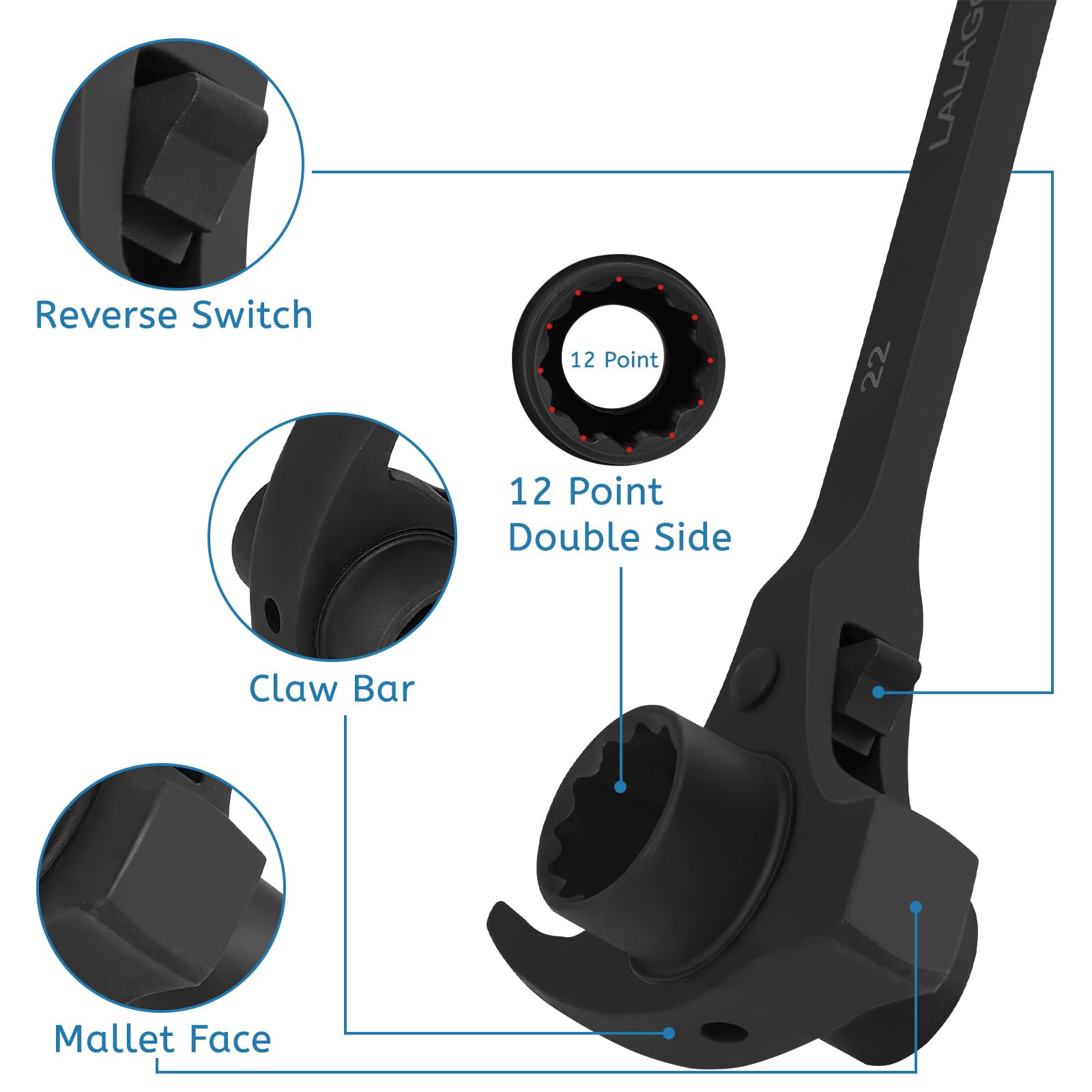 lalago 2pcs Cliquet d'Échafaudage 4 en 1, Clé à Cliquet Réversible 19/22 mm Droite/Gauche, Conique Crécelle en CR-V avec Marteau Arrache-Clous et Pointe de Centrage Noir pour Démontage de Voiture