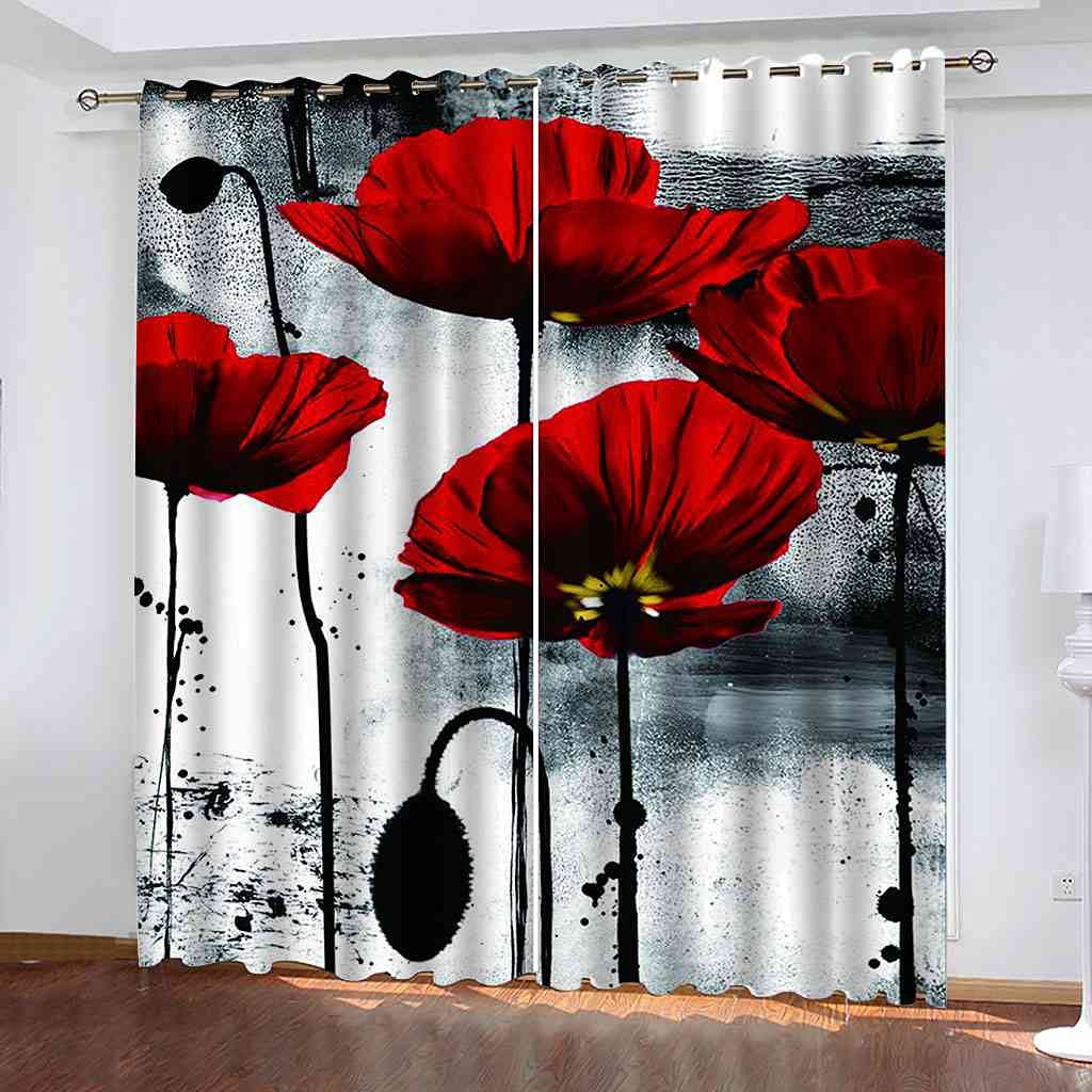 Rideau occultant à oeillets fleurs rouges 140x160 cm pour salon et chambre d'enfants (lot de 2)