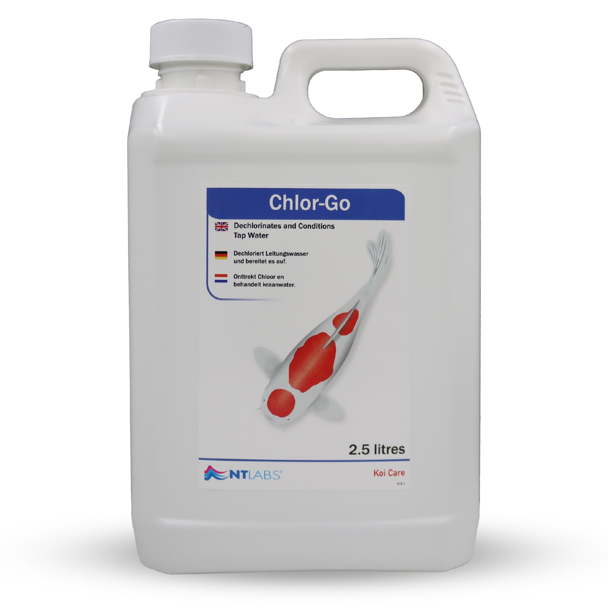 Koi Care Chlor-Go, Tap Water Chlorine Remover, Koi Pond Dechlorinator, Rapid Removal of Chlorine, Chloramine, Other Halogens and Heavy Metals Making Pond Water Safe for Koi. 2.5 Ltr