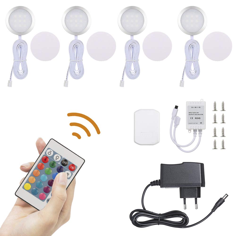 Lixada Kit de Luz del Gabinete 4PCS RGB SMD5050 Luz Nocturna Puck Lámpara Color Cambiante Regulable Brillo Ajustable con Control Remoto para la Cocina Estar de Sala Librero Armario