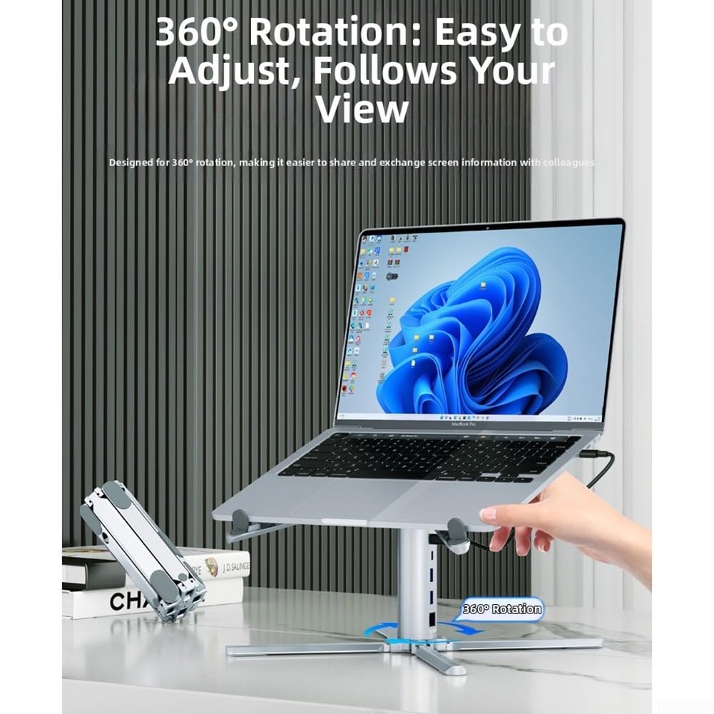 Hub USB C a 10 porte docking station per laptop con doppia Ethernet per lettore SD - Base girevole regolabile a 360° in lega di alluminio per configurazione a doppio monitor argento, 22 cm (staffa)