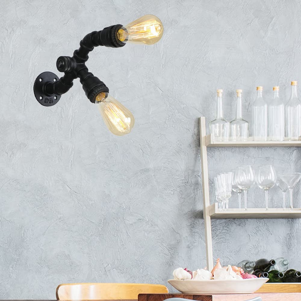 SKYGOO Luce personalizzata per tubi dell'acqua in ferro E27 a doppia testa ， Luce per bagno d'ingresso ， Applique da parete per hotel B&B ， Lampada da parete per ristorante con musica per caffè ， Luce
