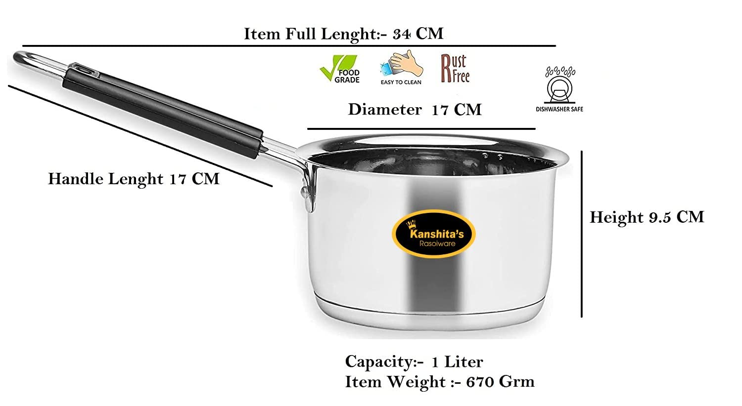 Kanshita's Rasoiware Stainless Steel Induction Base Saucepan -1 Litre 1