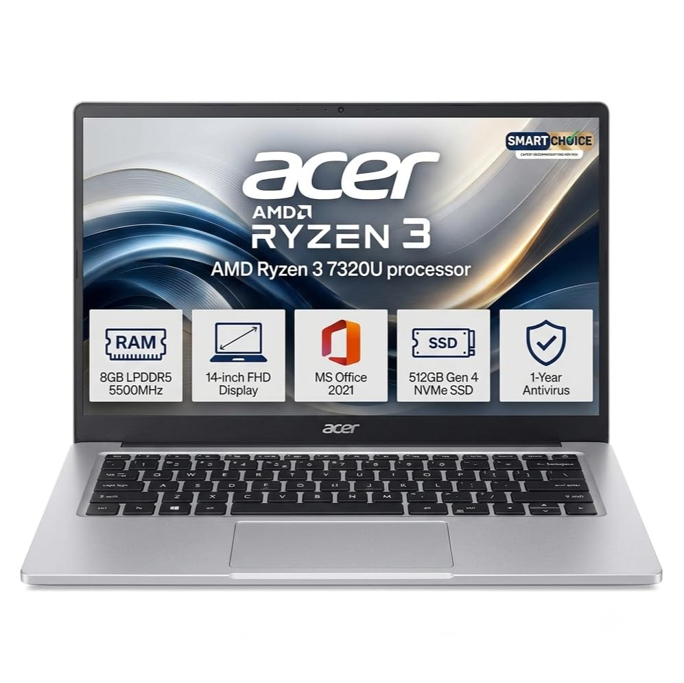 Acer One Pro Smartchoice AMD Ryzen 3-7320U, 14" Full HD Display | 8GB DDR5 RAM, 512GB SSD, Win 11 Home, Ms Ofiice 21 Pro Plus, 1 Year Antivirus, 1.41KG, Professional Thin and Light Laptop