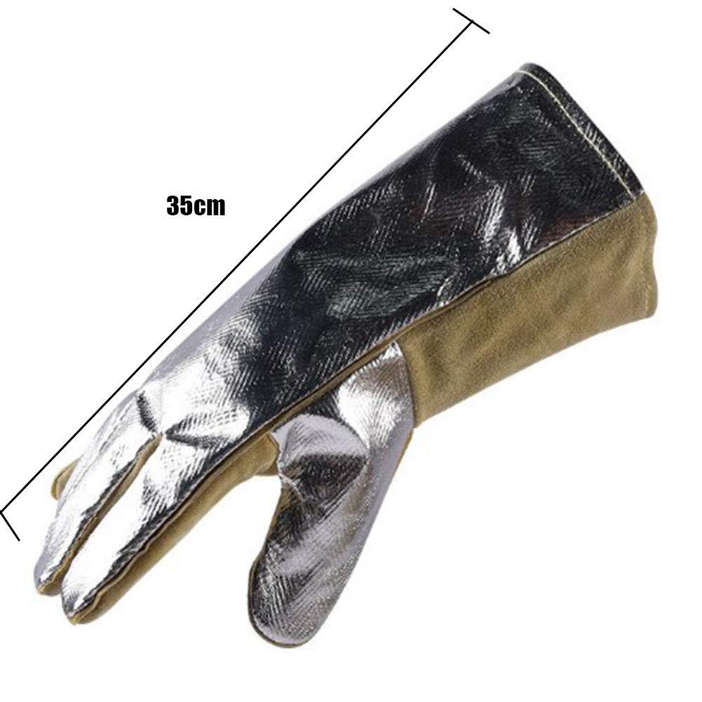 Guanti da Saldatura in Pelle Forgiata Lamina di Alluminio Riflettente/Resistenza Alle Alte Temperature,BBQ/Guanti da Campeggio/da Cucina Con Manica Lunga da 14 Pollici,Guanto Camino Supporto Pentola