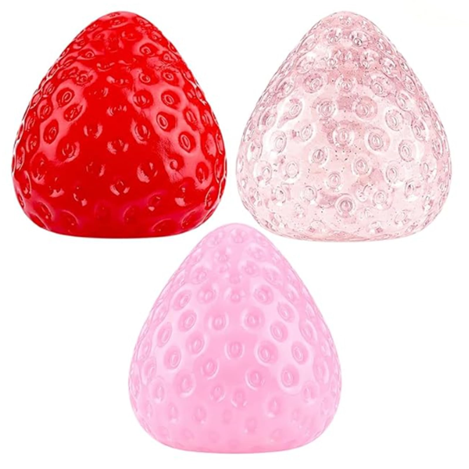 3Pcs Strawberry Squishy Set, Soft Squeeze Sensory Items, Red Pink and Transparent Pink Strawberries, Gentle Hand Activity for Desk