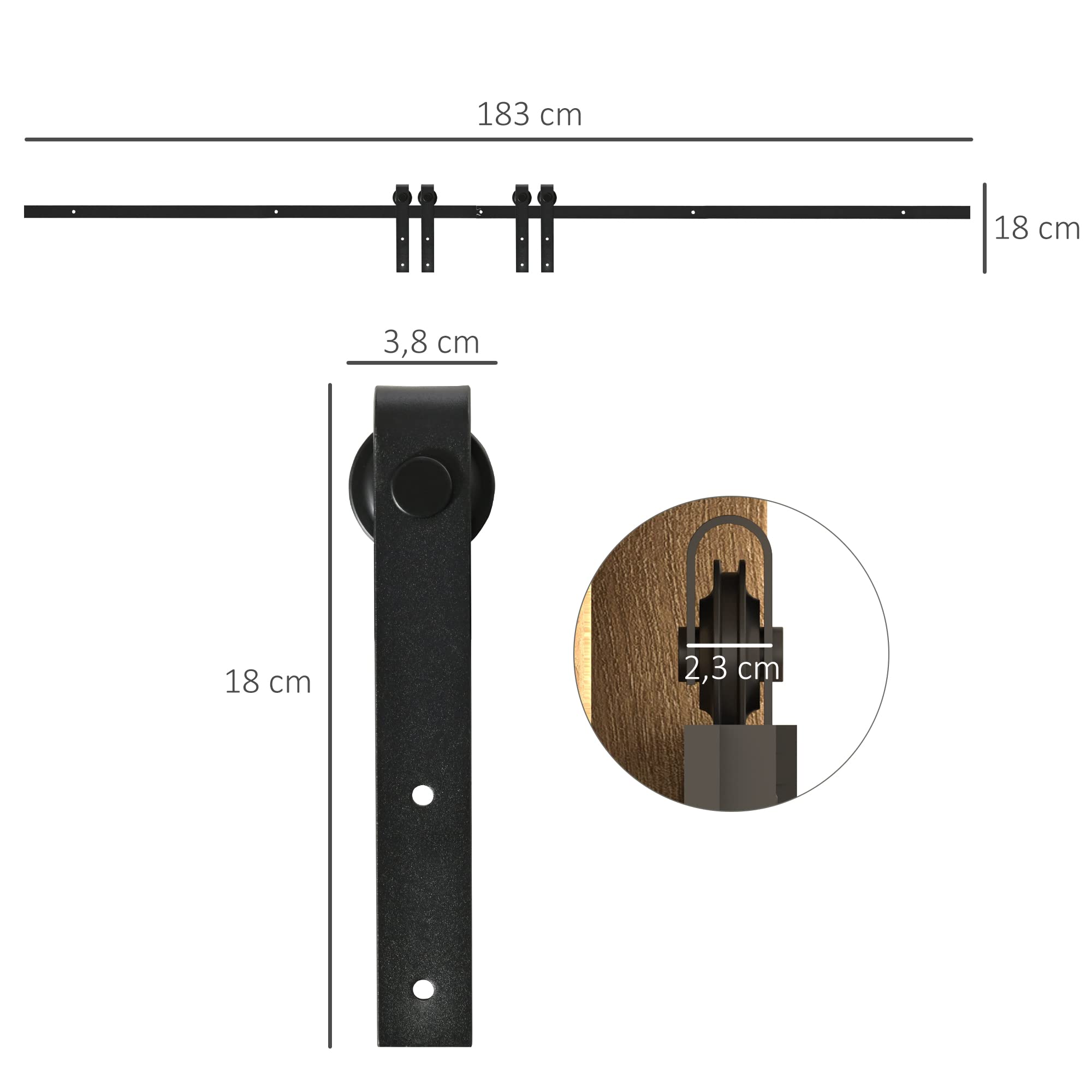 HOMCOM Herrajes Puertas Correderas 183 cm, Kit para Puerta Corredera Doble de Madera Ancho 45 cm, para Mueble de TV, Armario, Acero al Carbono, Negro