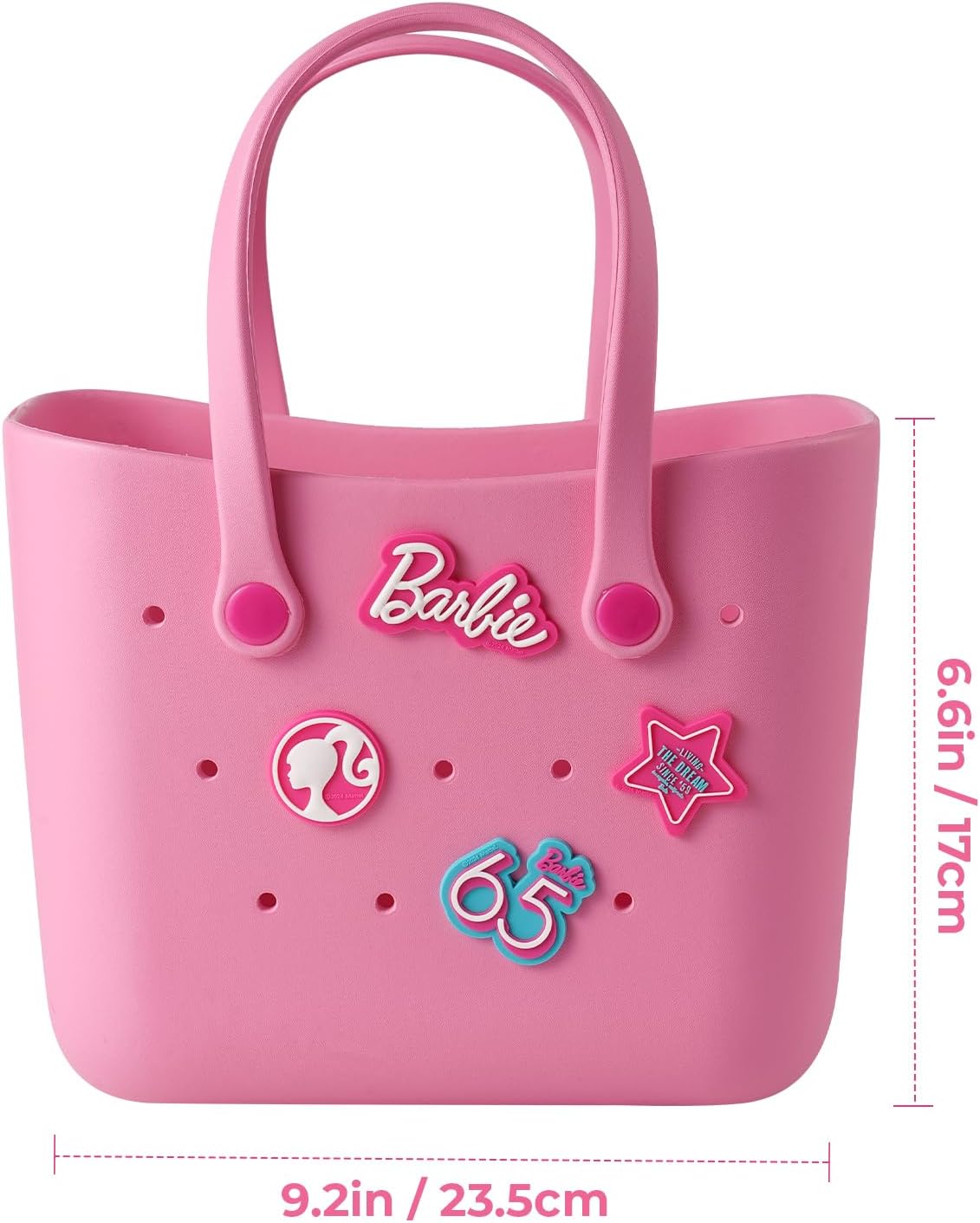 MINISO Barbie Tote Bag, Reusable Small Rubber Waterproof Bag, Cute Design Practical And Portable Handbag for Work Travel (PINK)