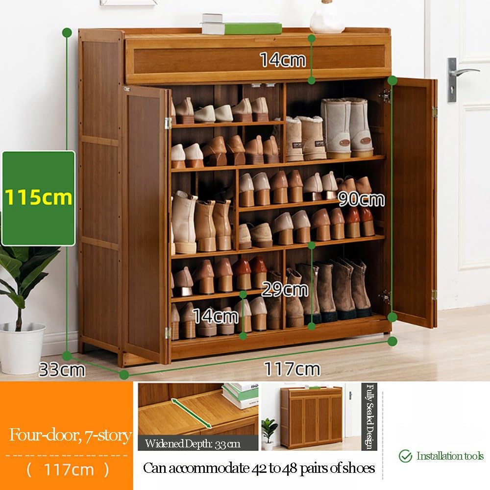 Scarpiera Portascarpe in bambù, Moderno Armadio Scarpe Stretto a 7 Ripiani con 4 Ante, Organizzatore Scarpe Risparmio Spazio per Ingresso, Armadietto Organizzatore Scarpe L117cm