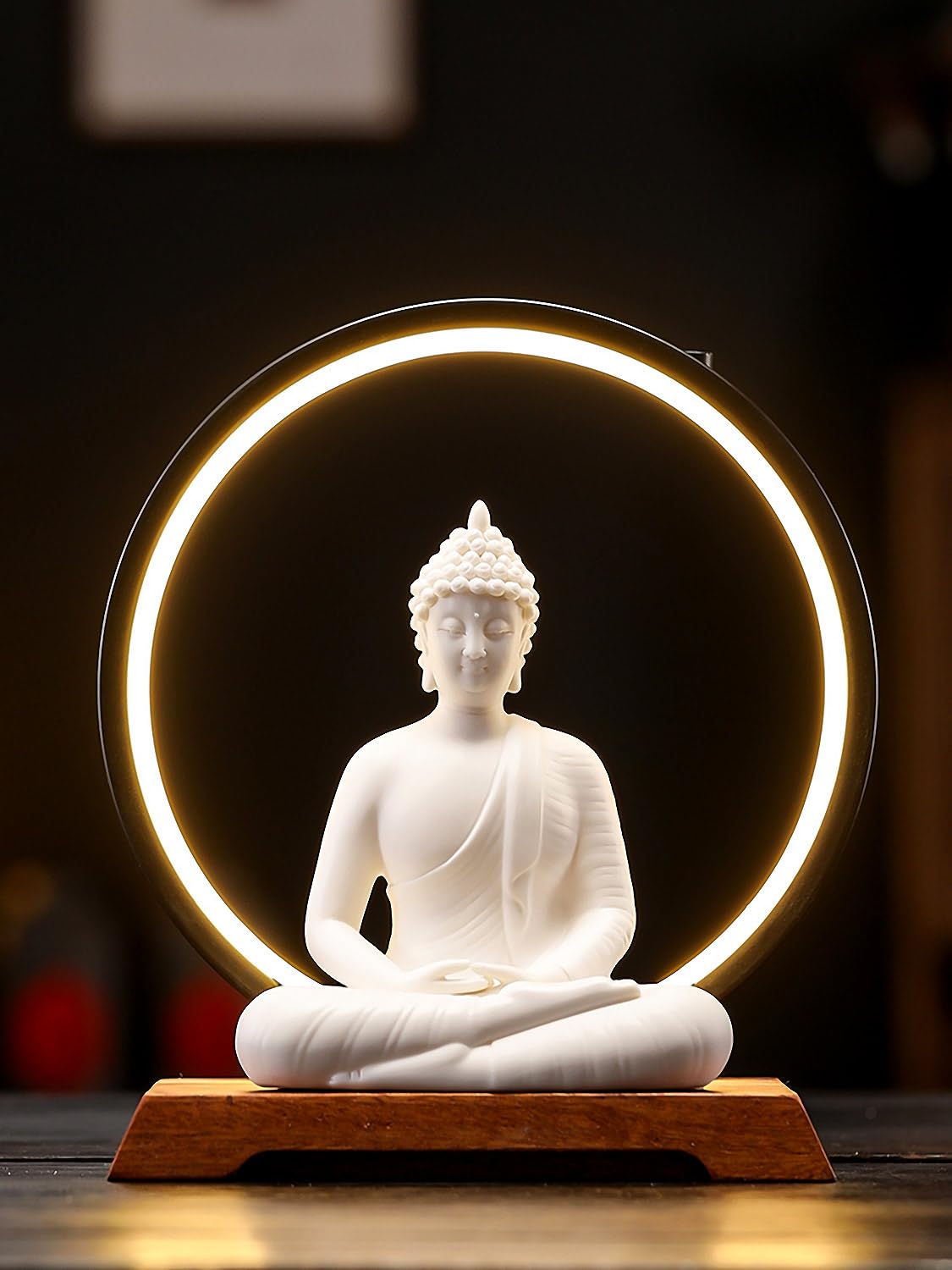 Statue de Bouddha à LED veilleuse céramique blanche déco asiatique maison