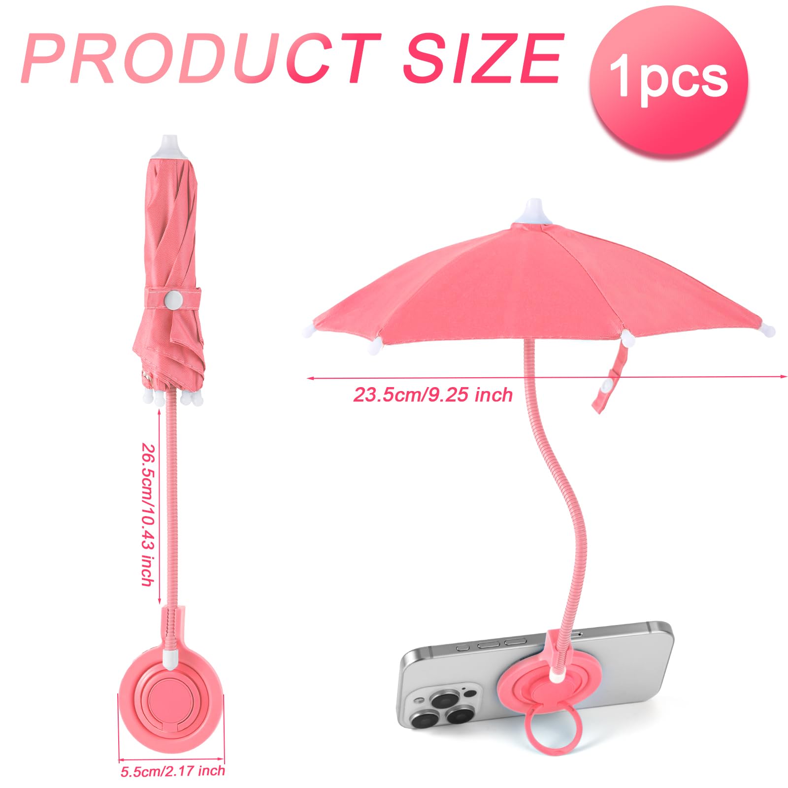 Magnétique Parapluie de Téléphone, Réglable Pare-Soleil pour Téléphone Portable pour iPhone 16/15/14/13/12 et Appareils Android Non Magnétiques (Rose)
