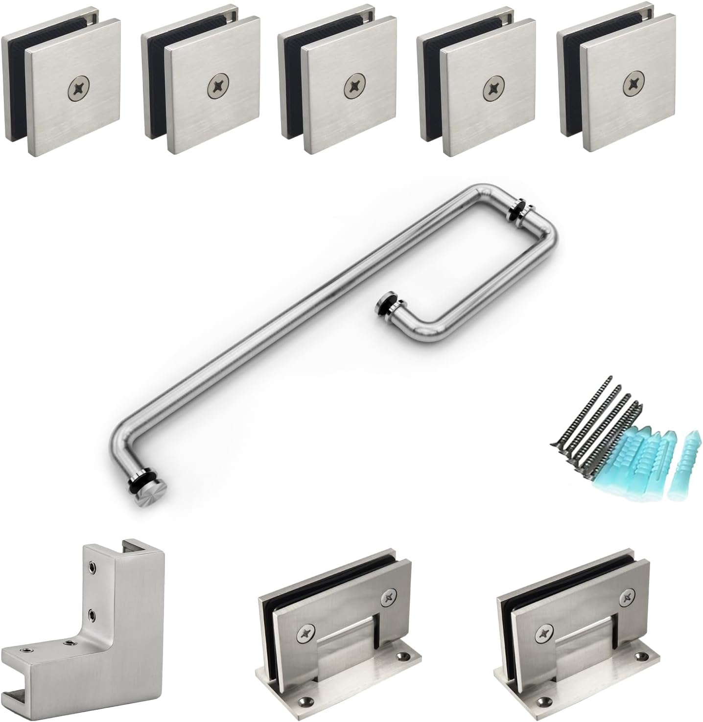Shower Door Hardware Kit for Frameless Corner Shower Setup, Includes Hinges, Towel Bar Handle, U-Clamps and Connector, for 5/16"–3/8" Glass, Bathtub or Standing Shower Use, Matte Black