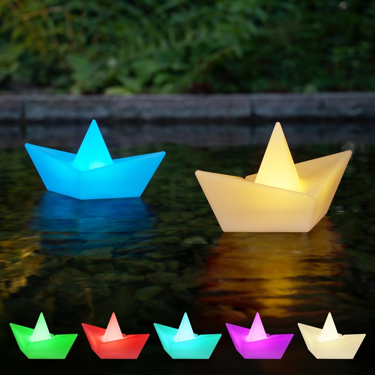Bonetti LED Solar Schiffchen im Origami-Stil mit RGBW Licht, wasserdicht, stylische Solarlampe für außen, für Garten, Beet, Teich, Pool (2er Set - 24,5 + 27 cm)