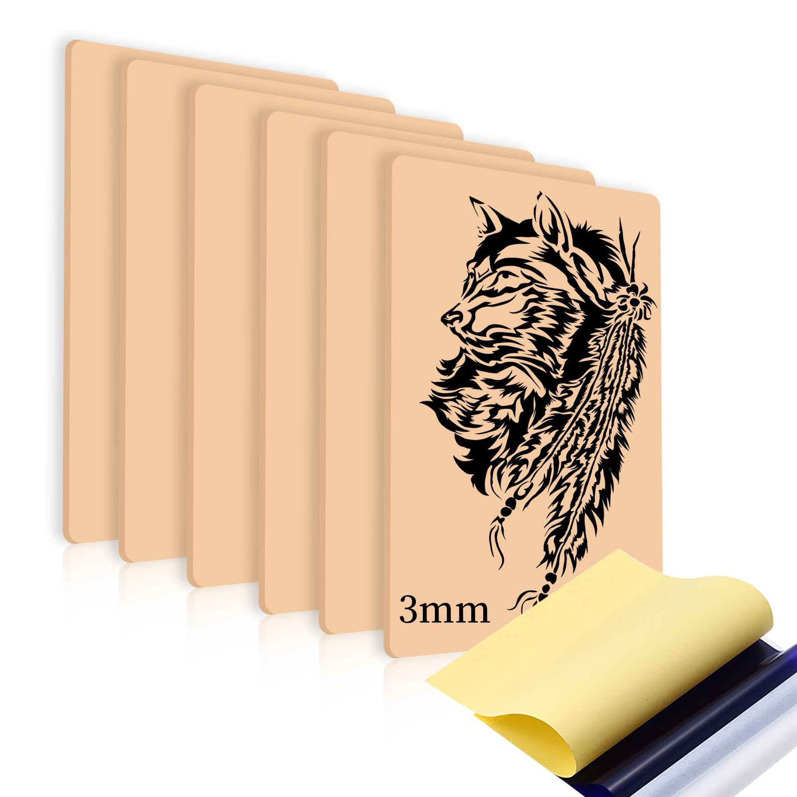 Joyeee Piel Sintetica Tatuaje, 6pcs 3mm Doble Cara Profesional Silicona Piel Sintetica Tatuaje 20 X 30cm con 10pcs Papel Transfer Tattoo para Tatuadores Principiantes y Experimentados