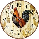 BERYART Silent Non-Ticking Animal Wall Clock, Quality Quartz Battery Operated Wall Clocks, 10 Inch Rooster Style Home Decor Clocks, Wooden Round Decorative Clock …