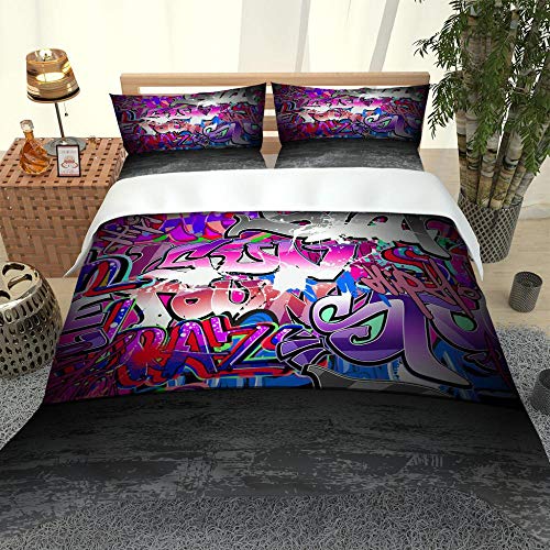 XKSJWY Funda Nórdica Arte De Graffiti Púrpura para Niñas Niños Colcha Estampada Juego De Ropa De Cama De Microfibra 3 Pcs : 1 Fundas De Edredón Nórdico 180X220Cm + 2 Fundas De Almohada 50X75Cm Cover