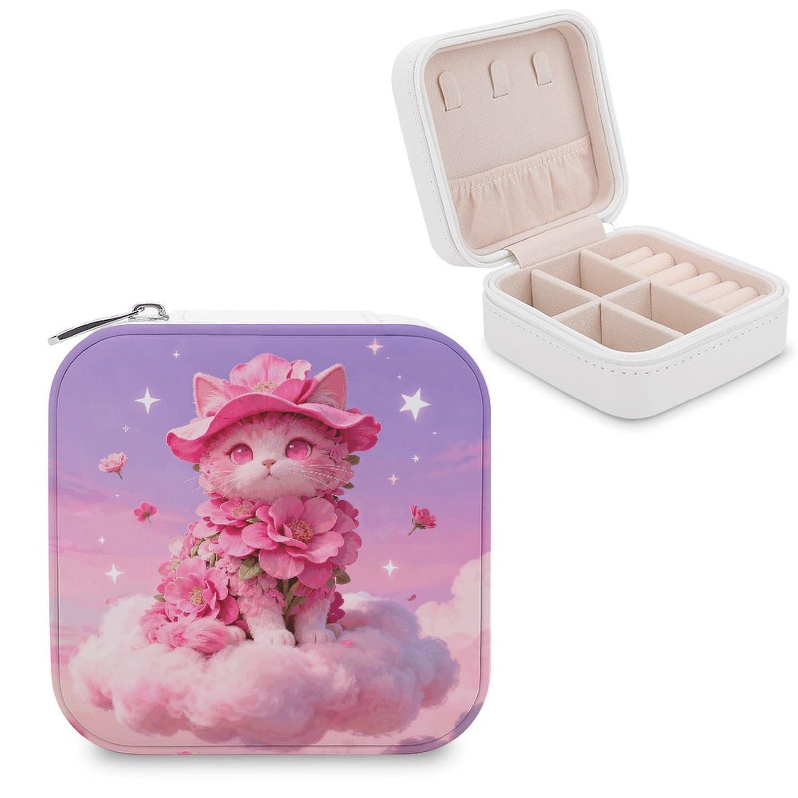 FekiLoot Neon Pink Floral Cat Jewelry Box Exquisite Jewelry Organizer Silver Gold Trinket Storage Case Multi Compartments Cute Earrings Ring Necklace Holder For Woman Household Gift