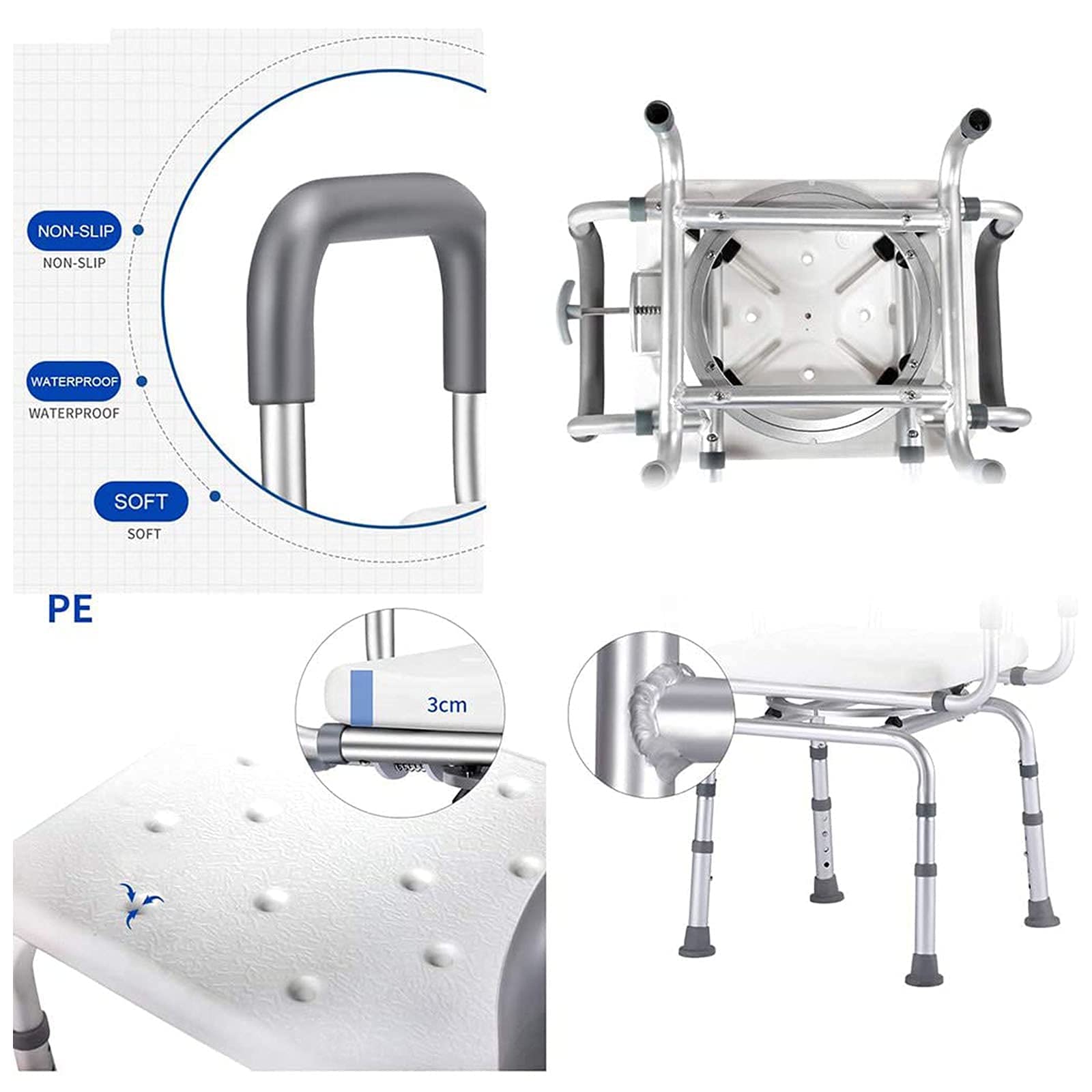 Silla de Ducha para Personas Mayores, Altura Ajustable con Brazos y Asiento de Ducha Trasero, en Forma de U, Recorte para la Ayuda del Taburete de Ducha, Giratorio Asiento de baño