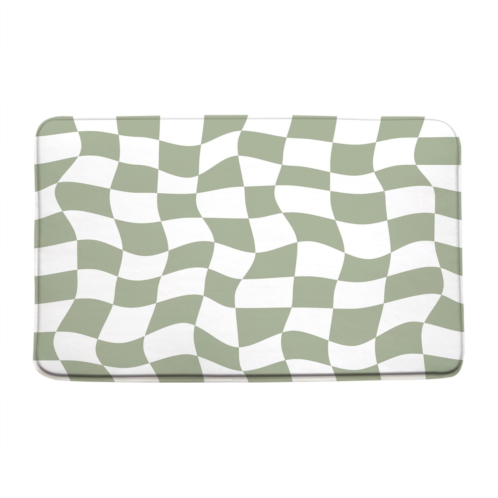 Retro Checkered Bath Mat Sage Green and White Cute Checkerboard Geometric Vintage 60s 70s Abstract Aesthetic Modern Memory