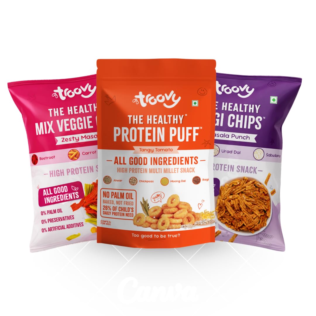 Troovy Healthy Chips & Puff value pack 3-in-1| Tasty & High Protein Snacks | 30% Of Protein Needs | No Palm Oil, Cholesterol or Trans Fats | No Junk & Chemicals | Ragi chips (Zest Masala, 70gm x 1) | Mix Vegetable chips (Masala Punch, 70gm x 1) | Tangy tomato puff (80gm x 1)