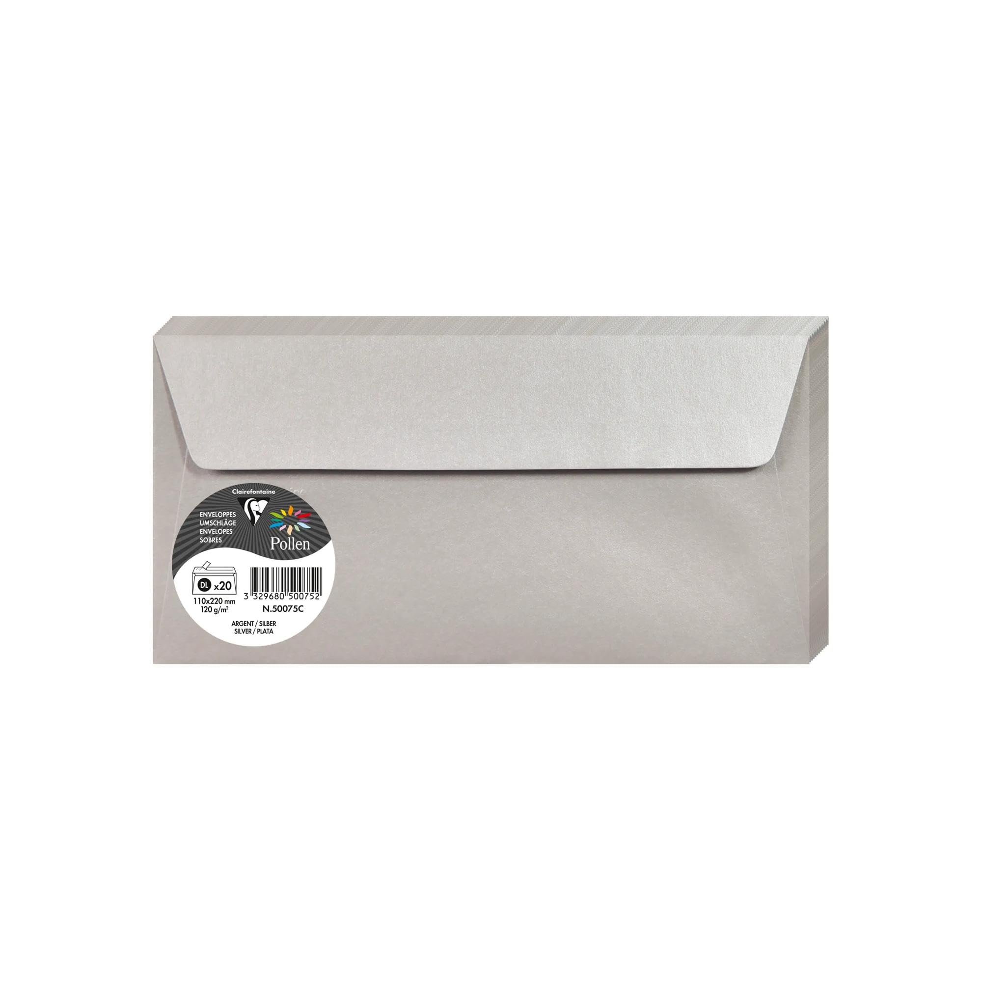 Clairefontaine 50075C Silver Iridescent Paper Pack of 20 Self-Adhesive Envelopes DL (11x22cm) 120gsm Invitation Events Correspondence Pollen Range Premium