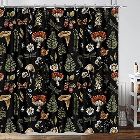 GOAOK Vintage Boho Musrhoom Shower Curtain, Magic Fairy Witchy Woodland Nature Plant Shower Curtain Set, Hippie Botanical Floral Aesthetics Fabric Shower Curtain Bathroom Accessories, 70X70IN Black Cover